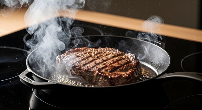 Matte Black Cast Iron Skillet Searing Meat On Induction Stove, Showcasing Culinary Precision, High Heat Cooking, And Professional Kitchen Performance In Modern Home Environment