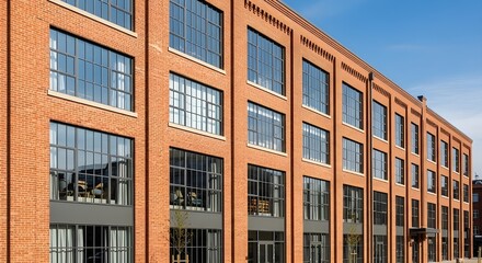 Fototapeta premium Modern Red Brick Warehouse Converted Into Trendy Loft Apartments, Blending Industrial Charm, Urban Elegance, And Contemporary Residential Design In Vibrant City Neighborhood