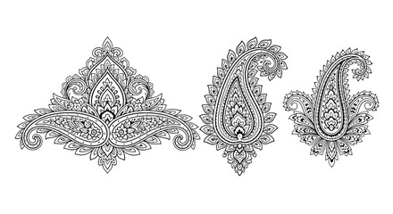 Ornamental paisley floral decorative elements in black line art style for greeting cards, invitations, and boho designs © Bundle Master