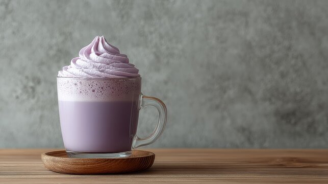 Ube drink on white background,Iced Ube Latte,ube milk,PopularTrendy Purple Coffee Shop,plant based recipes,milkshake with whipped cream,superfood,menu and banner,Healthy and wellness concept.