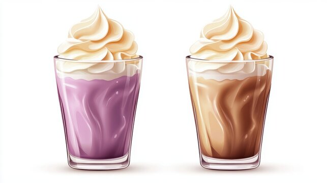 Ube drink on white background,Iced Ube Latte,ube milk,PopularTrendy Purple Coffee Shop,plant based recipes,milkshake with whipped cream,superfood,menu and banner,Healthy and wellness concept.