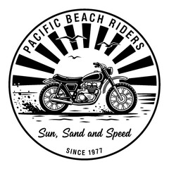 Obraz premium Motorcycle Riders on Beach with Sunburst and Seagulls, Pacific Beach Riders Logo