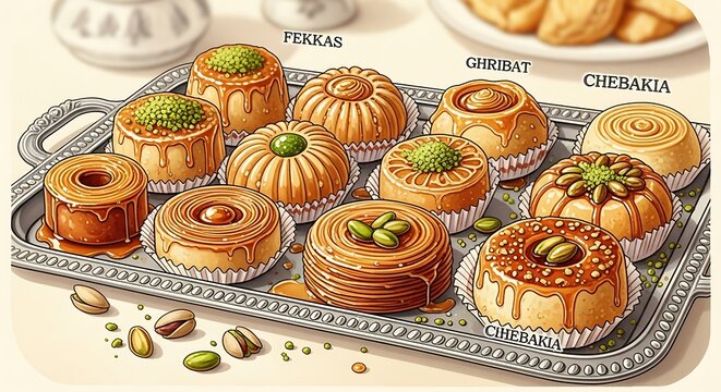 Assorted traditional middle eastern pastries baking.