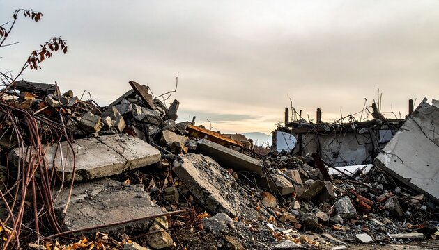 Urban destruction scene with collapsed buildings and debris at sunset.