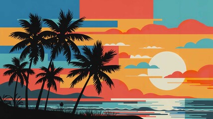 Obraz premium A vibrant tropical beach scene at sunset with palm trees and colorful sky
