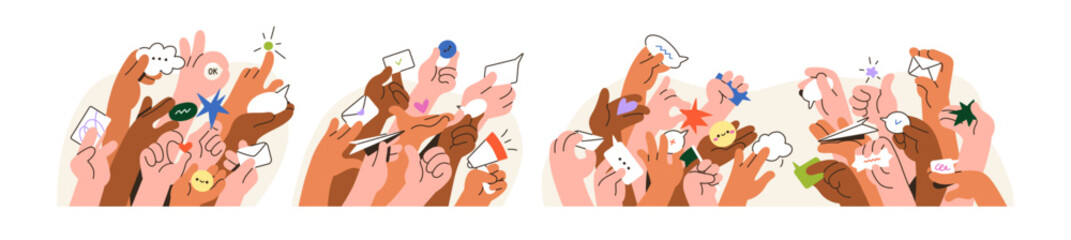 Sharing feedback, opinion concept set. Public forum, social discussion in people group, community. Crowd with raised hands, society voice, review. Flat vector illustration isolated on white background