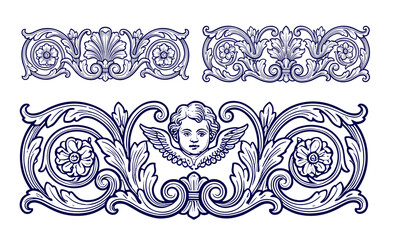 Fototapeta premium Hand drawn vintage ornamental borders with floral swirls and cherub details in classic engraving style, vector illustration