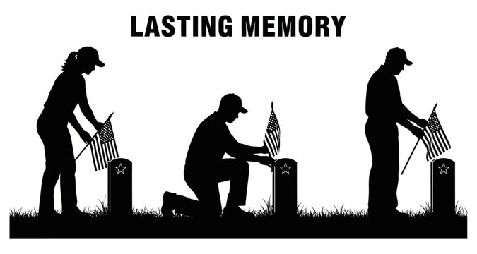 Silhouettes of people placing American flags on graves during a solemn memorial ceremony