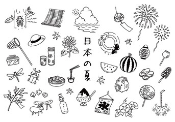 日本の夏　手描きイラストセット　モノクロ © fuwari