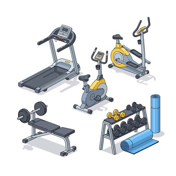 Isometric Gym Equipment Set: Treadmill, Bike, Elliptical, Weights, Bench