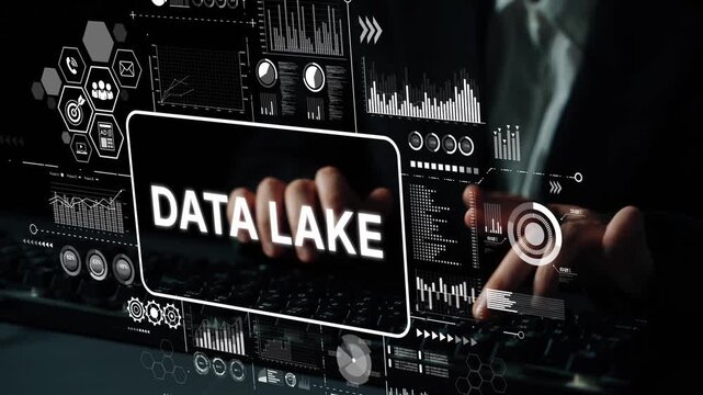 Innovative Data Lake Concept with Dark Background and Hands Typing on Computer Keyboard in Modern Digital Environment. Asymptotic smart data analytic.