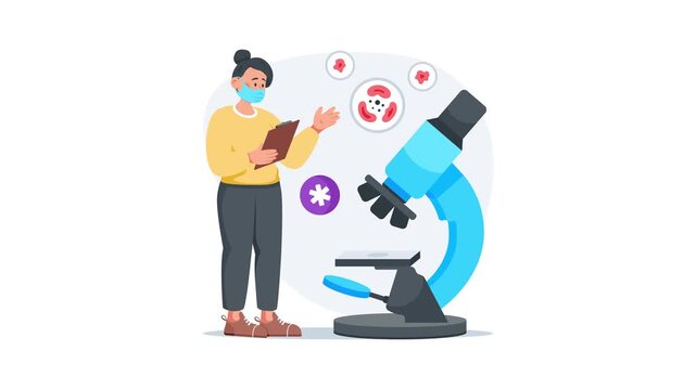 animated illustration of scientist analyzing microorganisms with microscope in medical lab