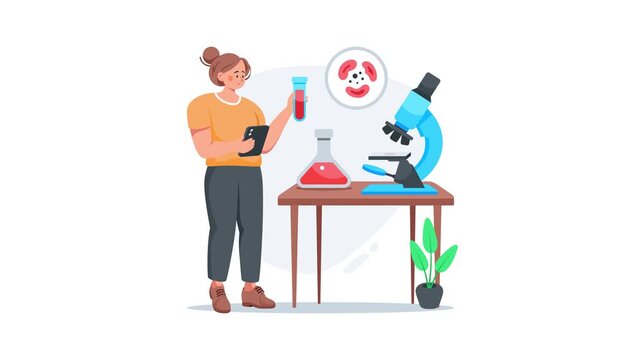 Illustration showing scientist analyzing blood samples with microscope in healthcare lab