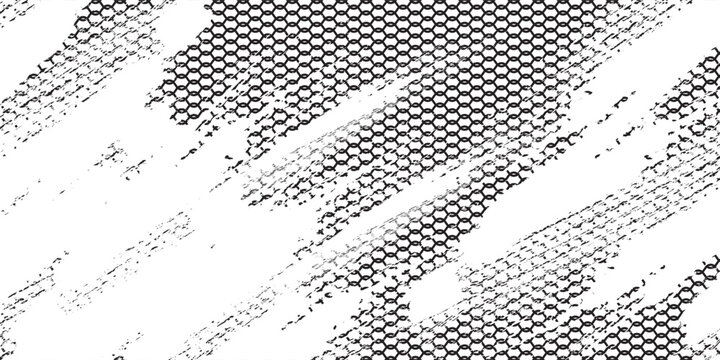 Abstract Black and White Grunge Vector Background with Hexagonal Mesh Pattern, Industrial Distressed Texture, Urban Street Art Style Backdrop, and Rough Brush Stroke Graphic Design