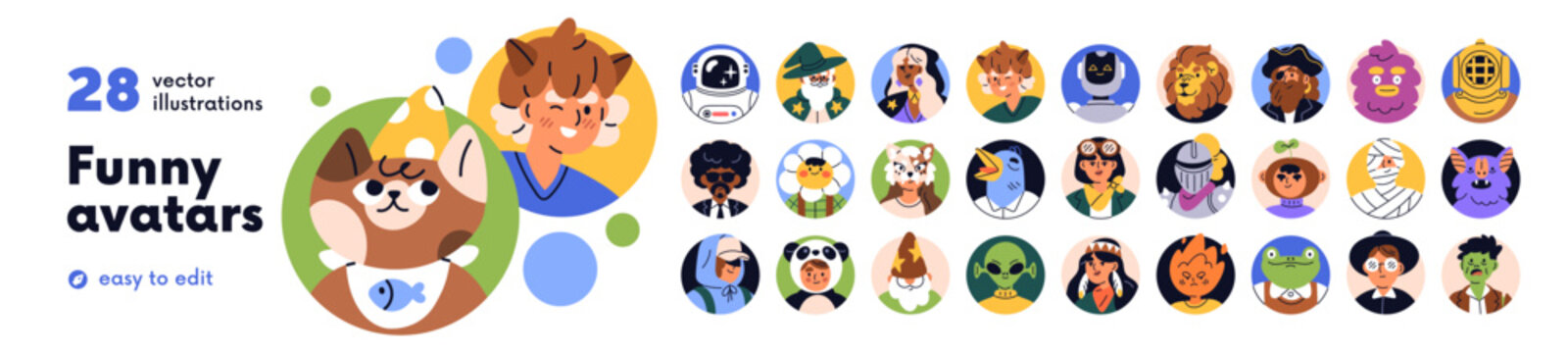 Funny characters avatars, user profiles set. Creative head portraits of whimsical people, animals, robot, alien. Faces in masks, fantasy costumes. Flat vector illustration isolated on white background