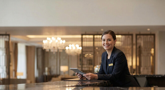 Professional hotel receptionist holding digital tablet at elegant luxury lobby front desk, modern hospitality service interaction