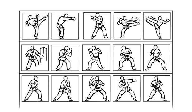 Martial arts line icons set with combat sport actions in clean outline grid vector illustration