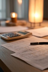 Accountant desk with tax form, calculator and pen. Financial document for money calculation and budget planning. Professional paper work in evening office light for bookkeeping concept.