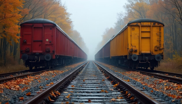 Two freight trains, one red and one yellow, sit on parallel tracks in autumn. Trees with orange leaves line the foggy, misty railway. Fallen leaves cover the ground and ballast.