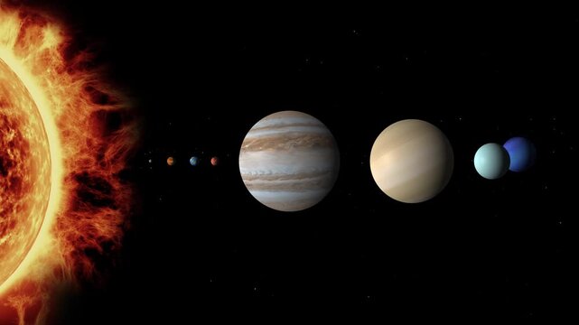 Solar system planets orbiting sun dynamic motion graphic animation, full planet lineup from sun outward, with zoom on venus footage.