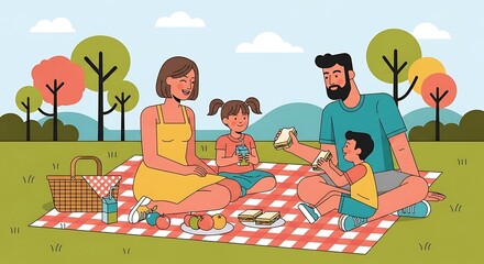 Fototapeta premium Family enjoying outdoor picnic together happily.