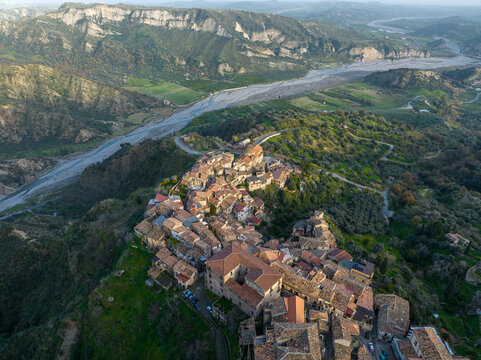 Aerial view of Stilo a town in the province of Reggio Calabria, in the Calabria region of southern Italy. It is one of "The most beautiful villages of Italy&rdquo;. Famous for the Cattolica of Stilo church
