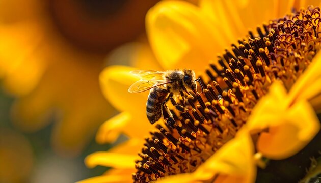 Honeybee collecting pollen on a vibrant, yellow sunflower against a blurred background