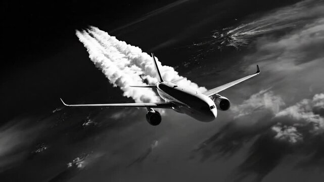 Commercial airplane flying through dramatic sky leaving contrails in black and white view