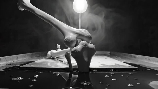 Surreal black and white still life of human knee bones in liquid with a dramatic light.