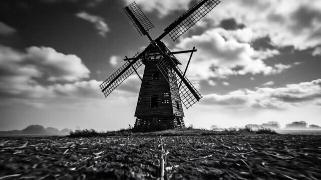 Dramatic black and white landscape of an abandoned windmill against a cloudy sky