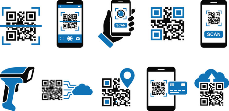 QR code scanning icons, mobile payment, barcode scanner, smartphone app, digital technology, contactless payment, vector illustration, flat design, security, business