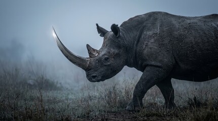 Obraz premium Black rhinoceros with blade horn emerging from mist dramatic wildlife fantasy concept