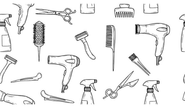 Seamless pattern with hairdressing tools doodle style barber equipment black outline vector illustration