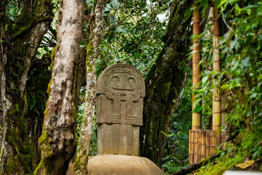 Stone statue with anthropomorphic and zoomorphic features in the san agustin archaeological park