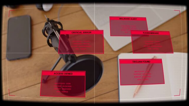 Viewfinder initiating security scan, microphone receiving red HUD alerts flagging malware threats
