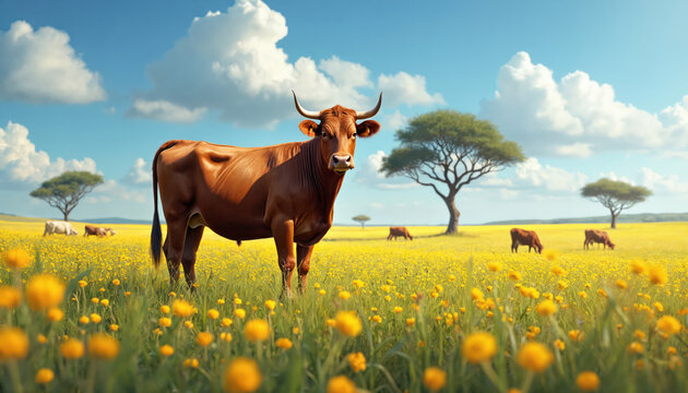Brown cow stands in a yellow flower field under a blue sky with white clouds. Other cows graze in background near trees. Peaceful rural scene.