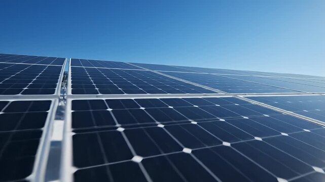 Close-up of solar panels on a sunny day, showcasing renewable energy technology and a bright blue