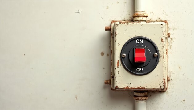 Old rusty electrical switch box on wall. Red lever shows ON and OFF positions. Industrial control panel with wiring is visible. Useful for safety or power concepts.
