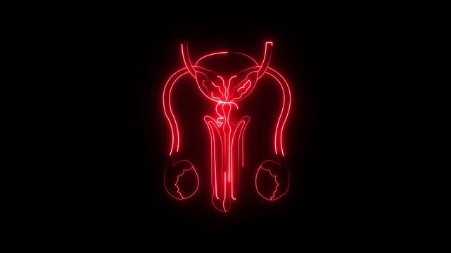 glowing neon Male reproductive organs icon animation on black background. Healthcare body part icon. Male reproductive system icon symbol. The testes are the primary male reproductive organ.4kvido