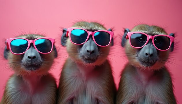 Three baboons wear pink sunglasses. They look at camera on plain pink background. Monkeys appear to be friends, wearing cool eyewear. Fun, stylish animal portrait.