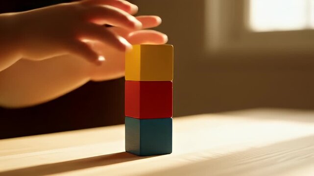 Close-up of toddler's hands stacking red and blue wooden blocks on a table with soft natural light
