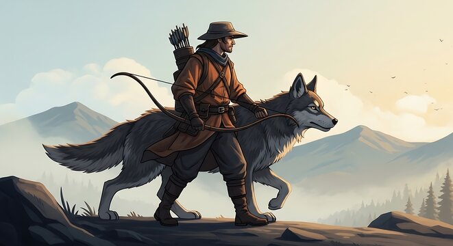 Man Riding Wolf Through Mountainous Landscape.