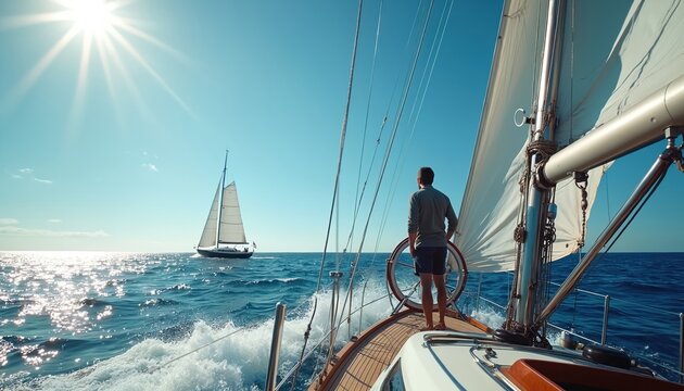 Man steers sailboat on blue sea with sun glinting on water. Another boat sails on horizon. He looks forward to distant journey, embracing open water adventure and freedom.