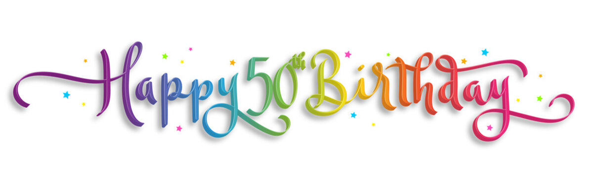 HAPPY 50th BIRTHDAY colorful brush calligraphy banner with stars on transparent background