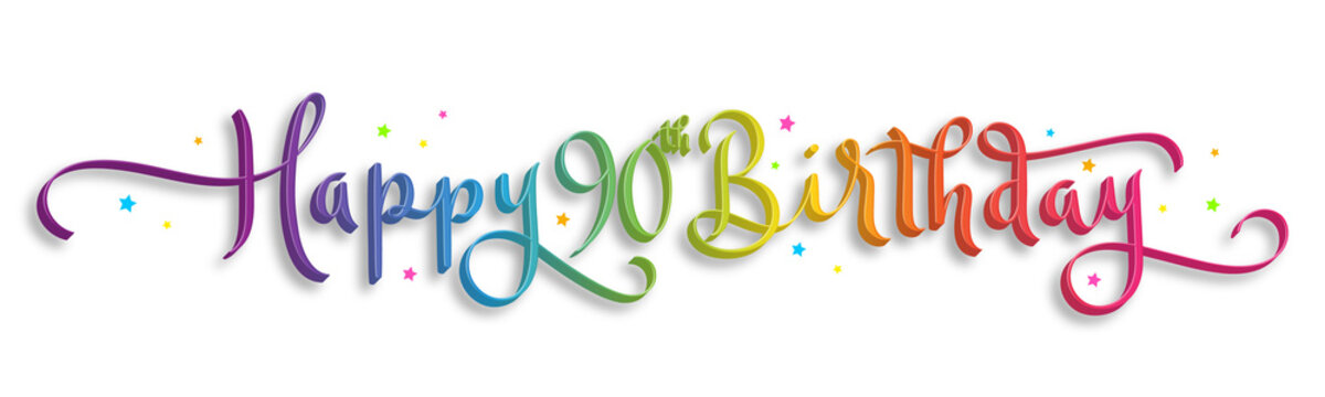 HAPPY 90th BIRTHDAY colorful brush calligraphy banner with stars on transparent background