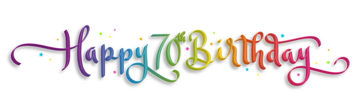 HAPPY 70th BIRTHDAY colorful brush calligraphy banner with stars on transparent background