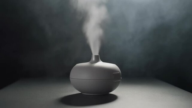 White steam rises from a modern round ultrasonic diffuser on a dark background in a dim studio. Concept of aromatherapy and relaxation