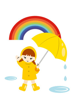 雨上がりの虹を見上げる黄色いレインコートの女の子　希望・ポジティブ