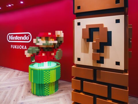 Mario Mascot Nintendo Official Store Fukuoka Nintendo banner shop display : Fukuoka, Japan - Mar 16, 2026 