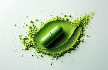 Obraz premium Green capsule rests on pile of green powder. Natural health supplement for wellness and energy. Powdered nutrient for healthy diet. Vitality boost, plant based.